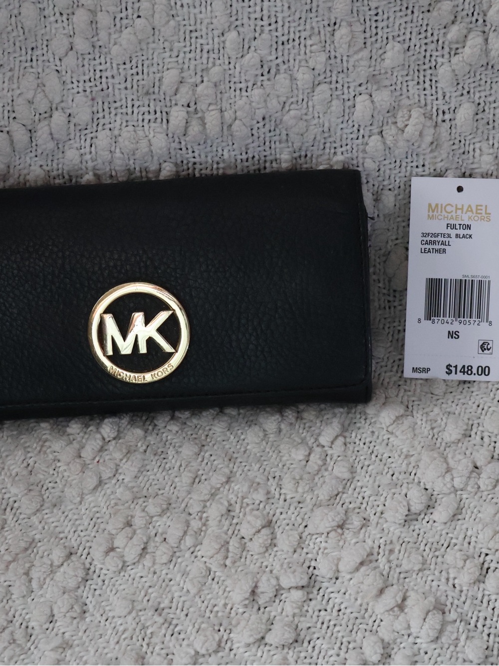 Michael Kors Black Leather Continental Wallet with Gold MK Emblem